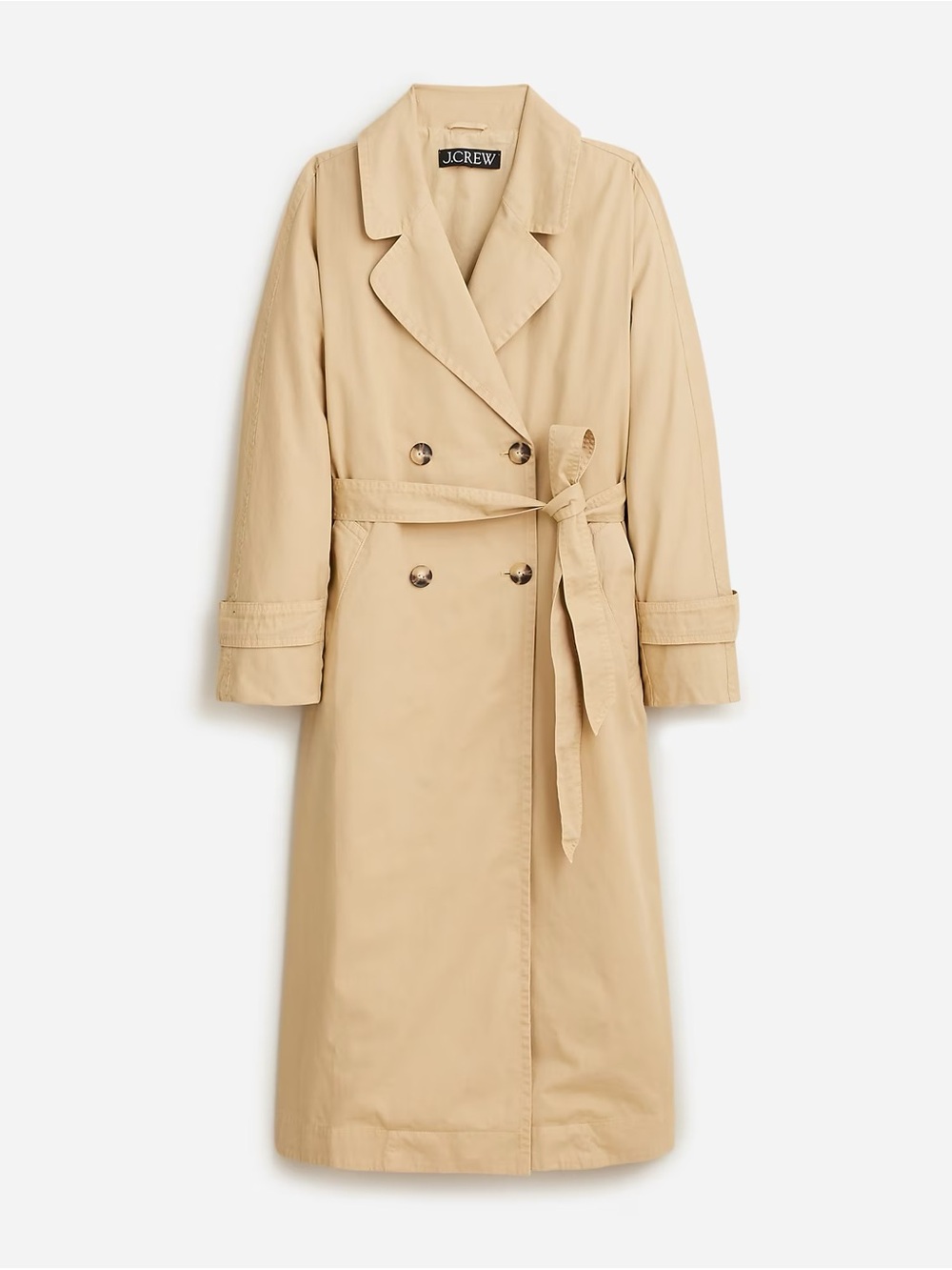 J. Crew Tan Double-Breasted Trench Coat with Self-Tie Belt, Washable